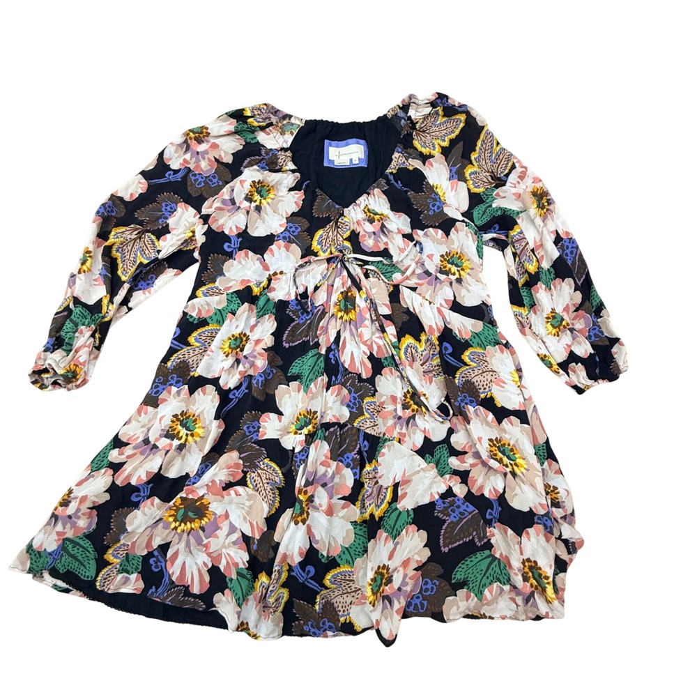 By Anthropologie Black Floral Babydoll Mini Dress M Tie Front Puff Sleeve Boho